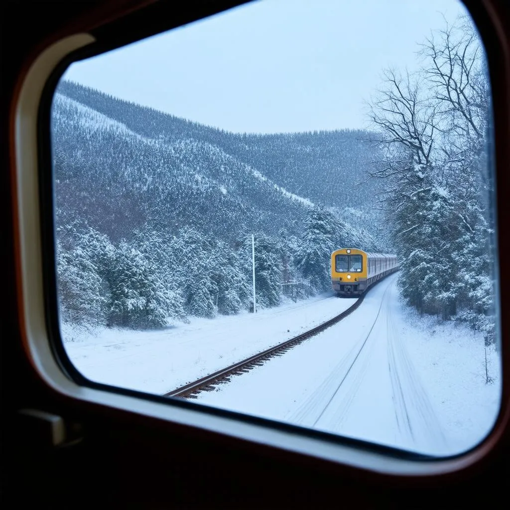 A train travels through a snowy landscape in Siberia